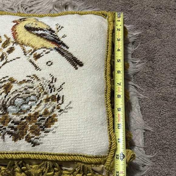 Wool Needle Point Pillow with Tassel Fringe-Song Bird with Nest-Beige/Tan - Picture 11 of 13